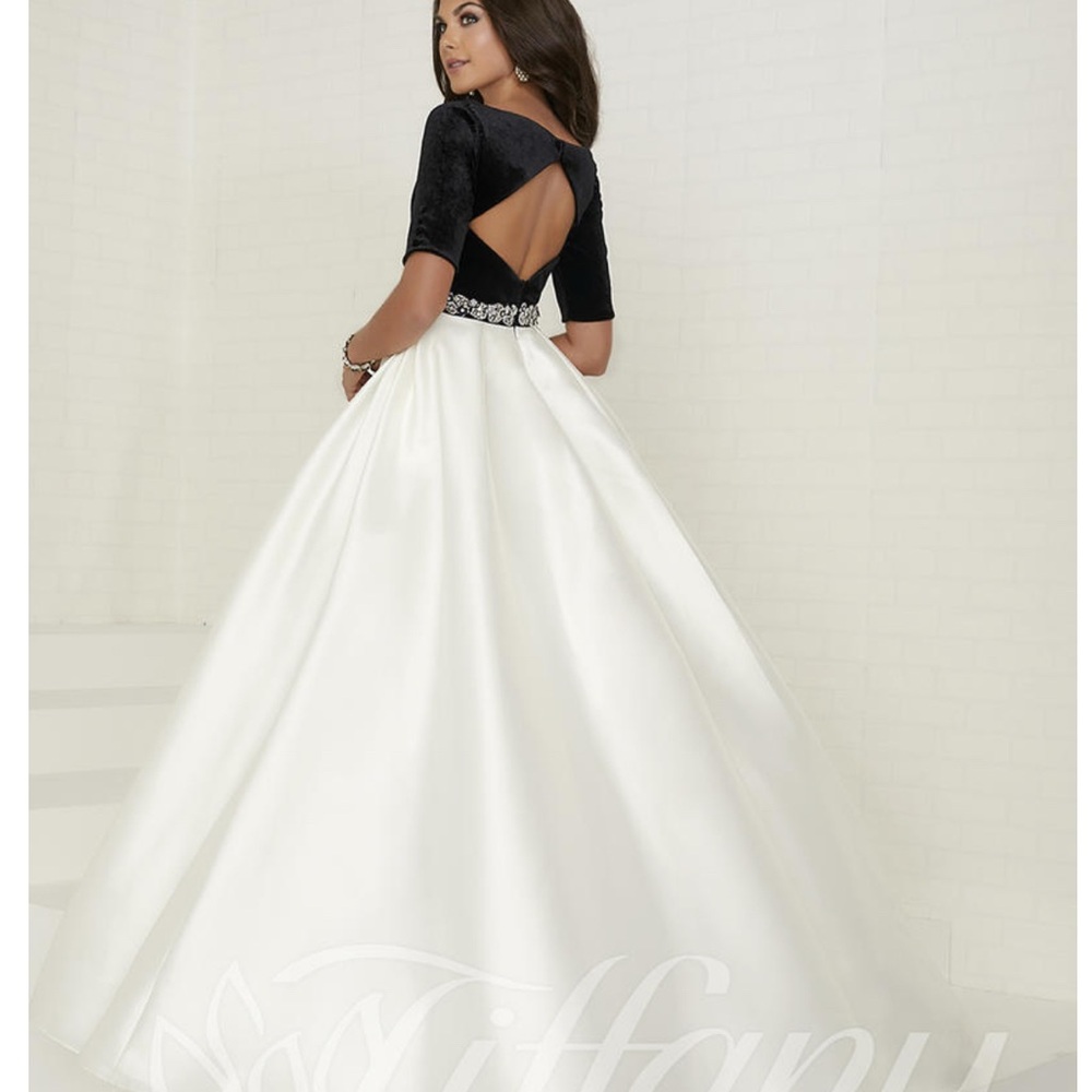 Tiffany Designs Black Velvet and White Satin Prom Dress - Picture 3 of 7